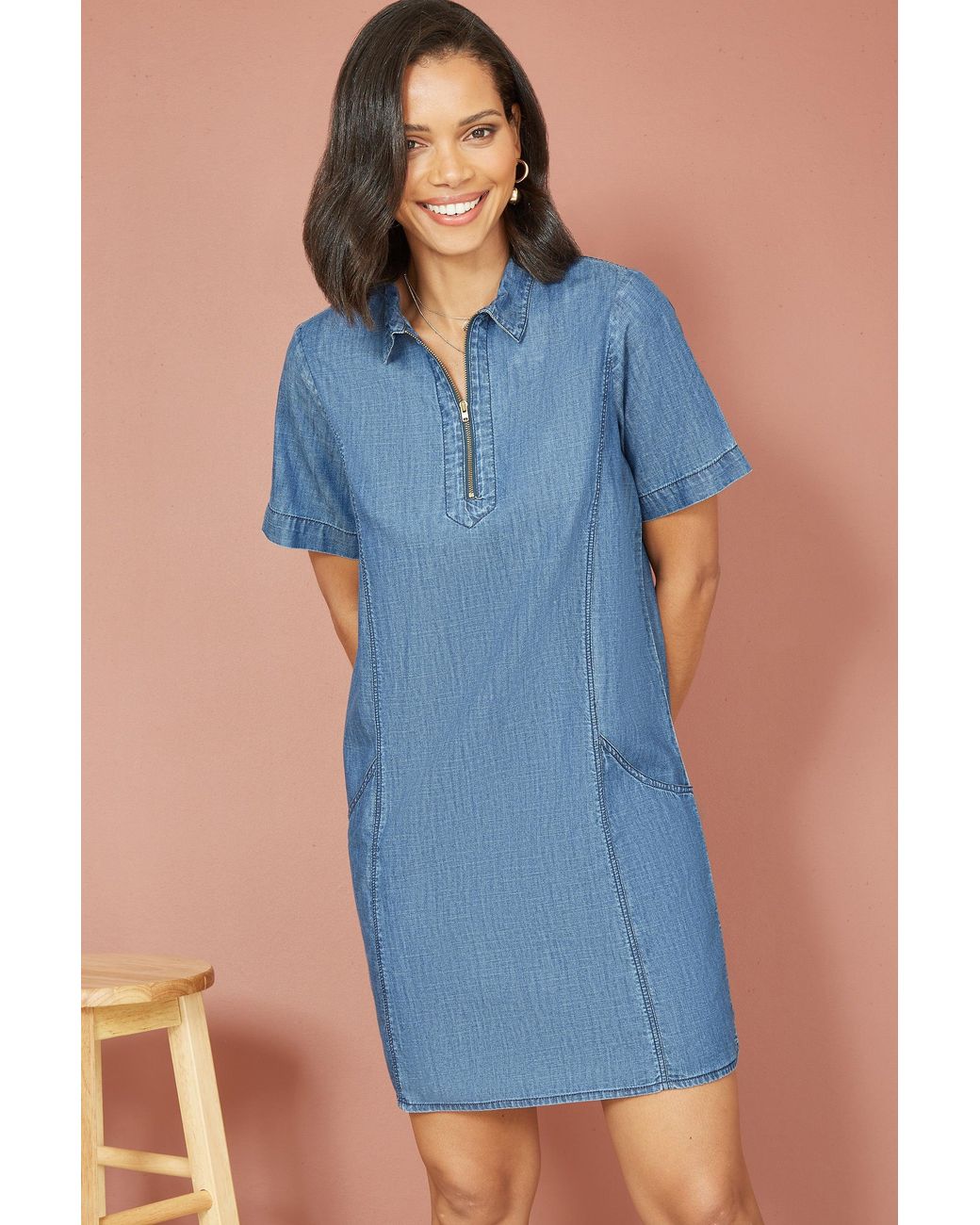 Yumi' Blue Cotton Chambray Tunic With Zip Neckline