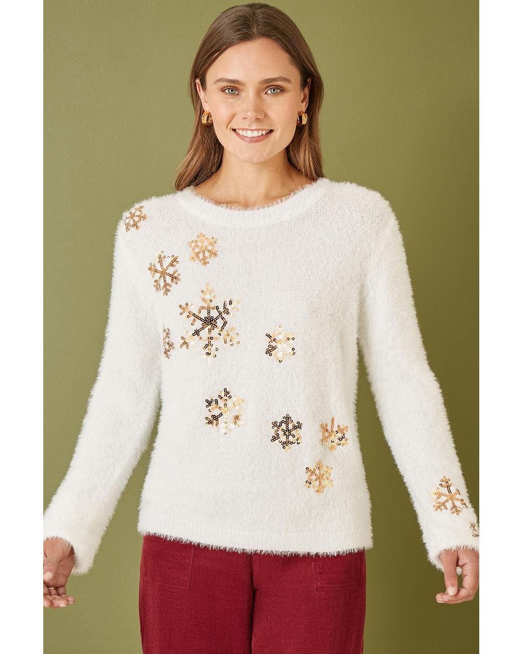 Yumi' Natural Sequin Snowflake Fluffy Jumper