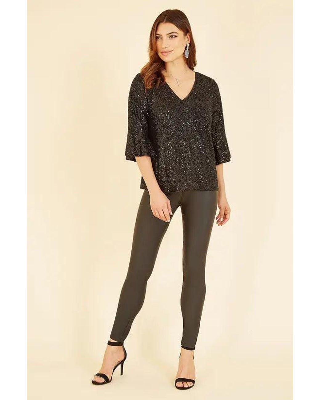 Yumi' Black Sequin Top With Fluted Sleeve