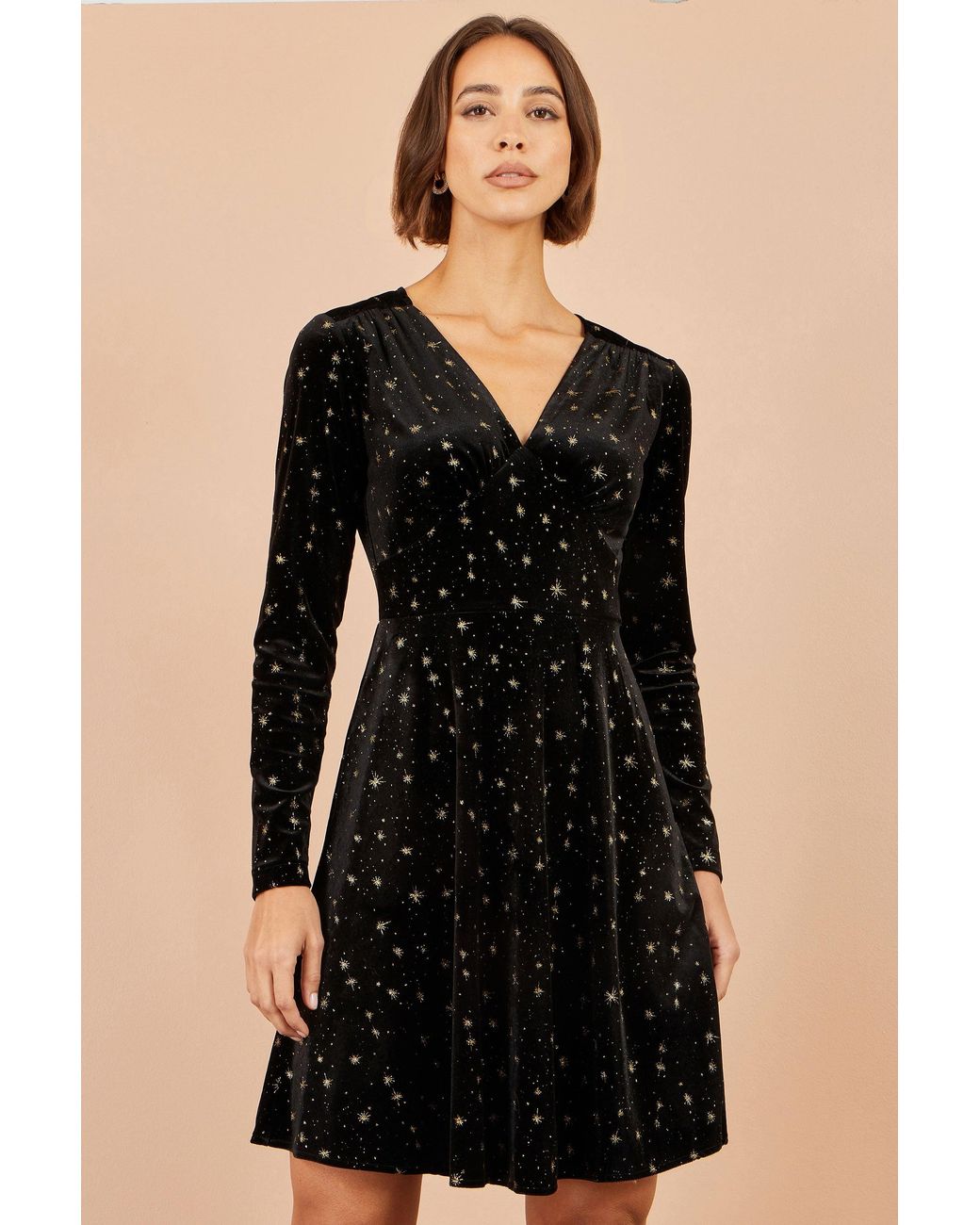 Yumi' Black Velvet Skater Dress With Foil Star Print