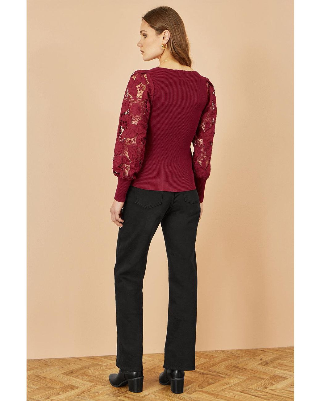 Yumi' Red Ribbed Knitted Top With Lace Sleeves