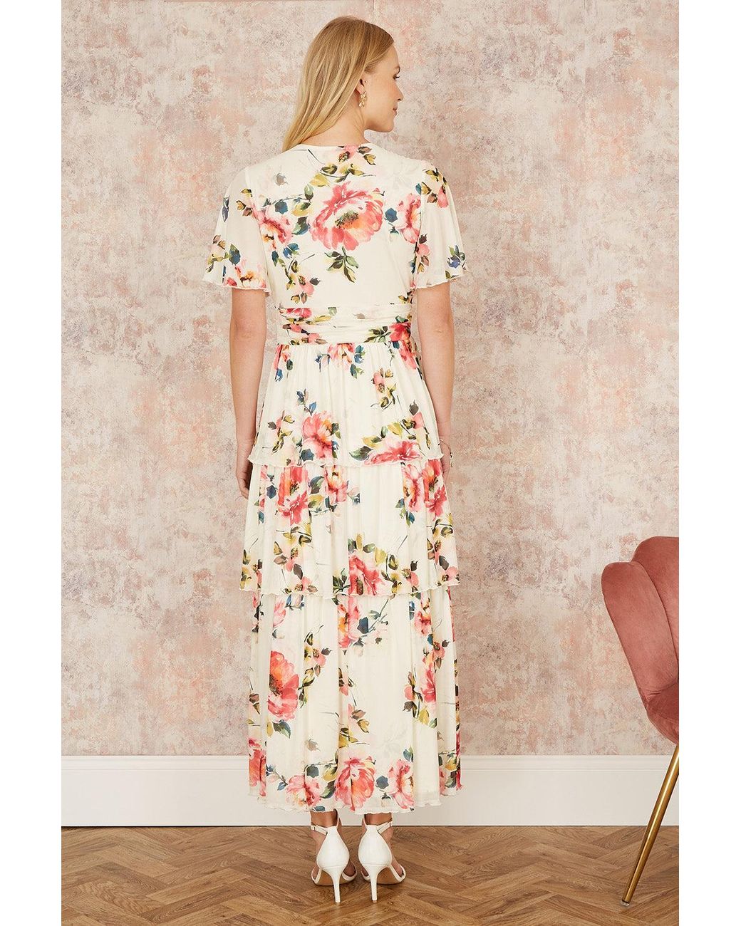Yumi' Natural Ivory Floral Mesh Tiered Maxi Dress