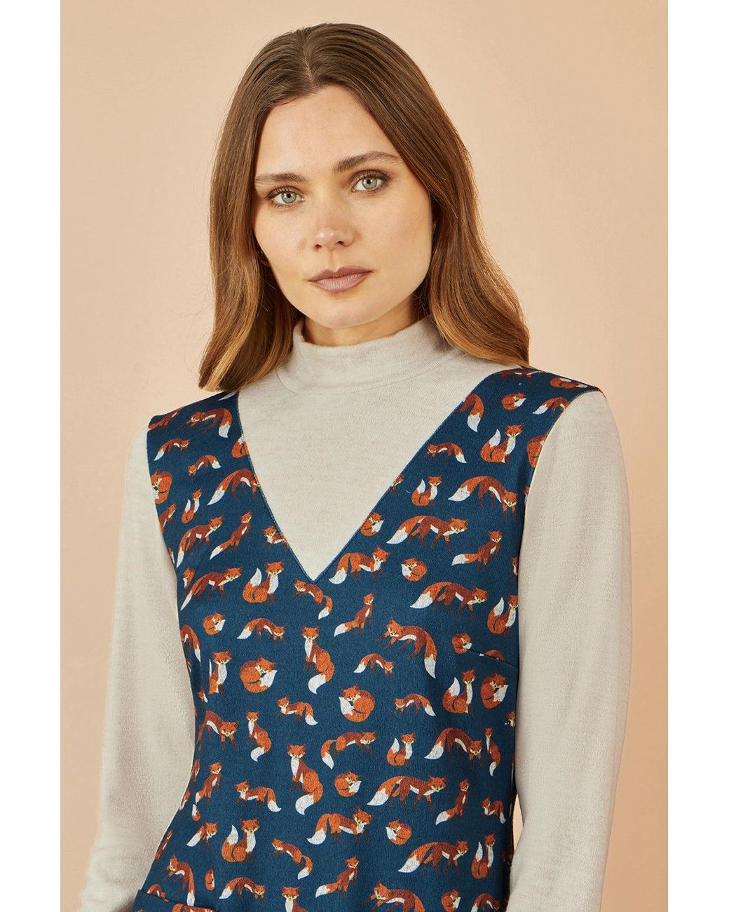 Yumi' Blue Fox Long Sleeve Layered Tunic Dress With Front Pocket