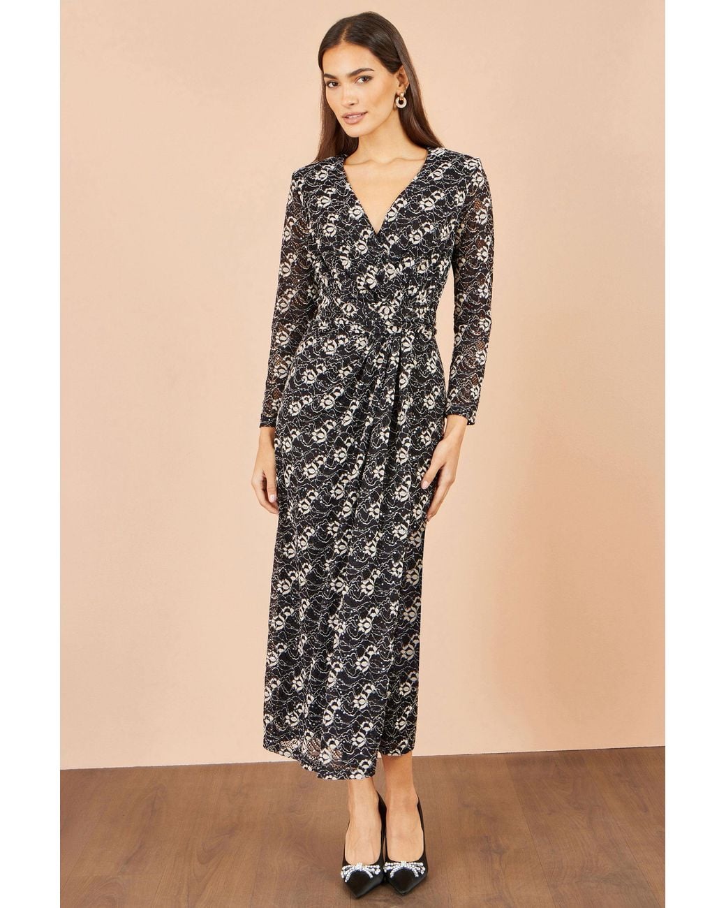 Yumi' Natural Brushed Lace Wrap Dress With Sequin