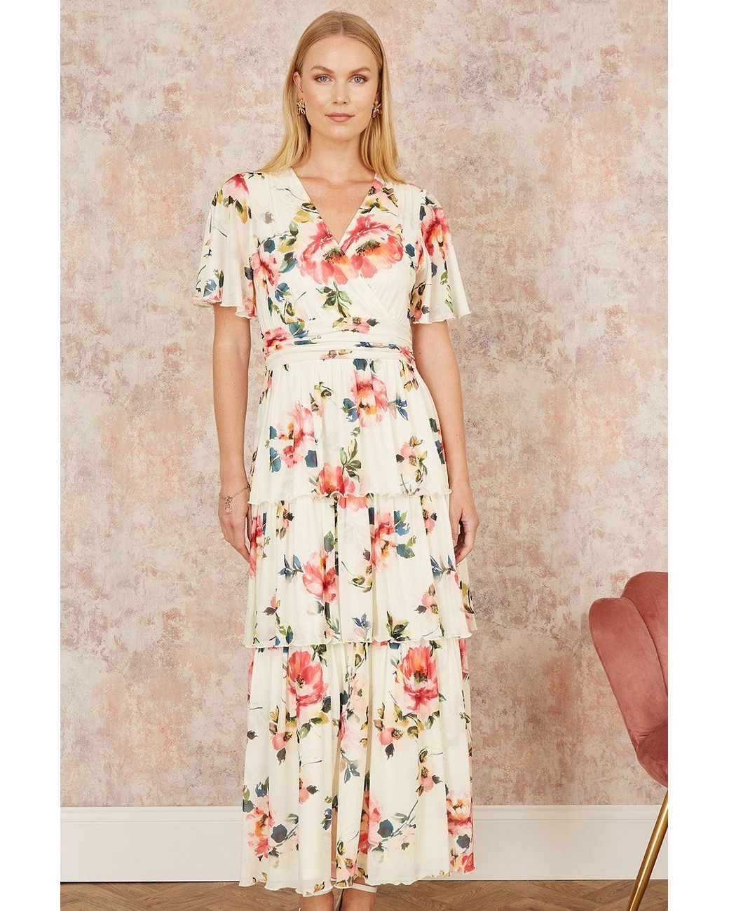 Yumi' Natural Ivory Floral Mesh Tiered Maxi Dress