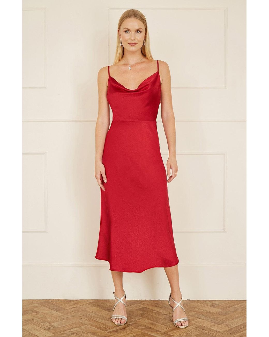 Yumi' Red Satin Cowl Neck Midi Slip Dress