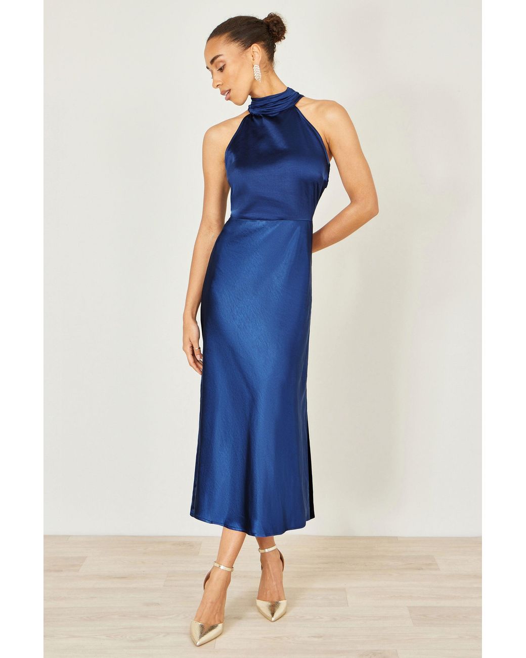 Yumi' Blue Satin Halter Neck Midi Dress