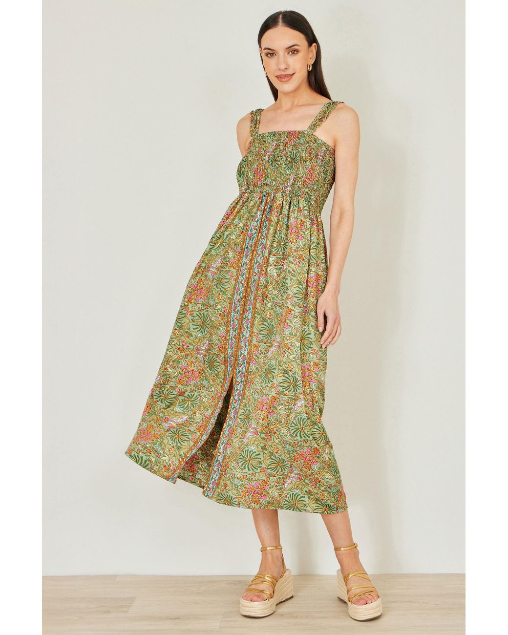 Yumi' Green Foil Palm Print Ruched Maxi Dress With Border Detail