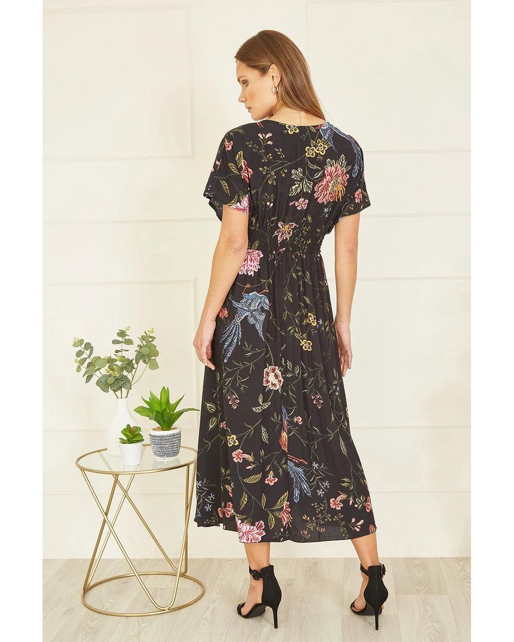 Yumi' Black Viscose Bird And Floral Print Kimono Midi Dress