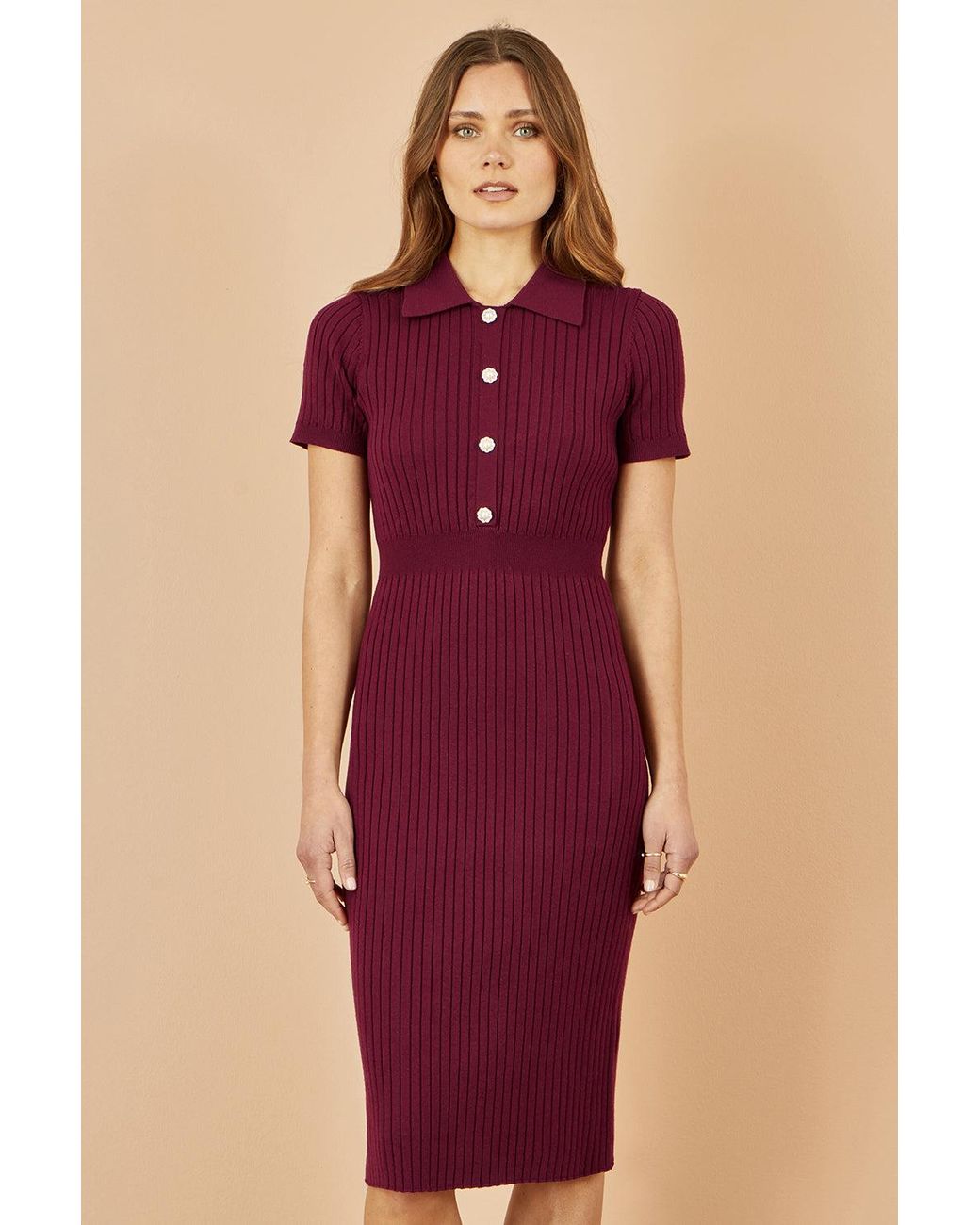 Yumi' Red Fitted Rib Knitted Midi Dress With Daisy Buttons