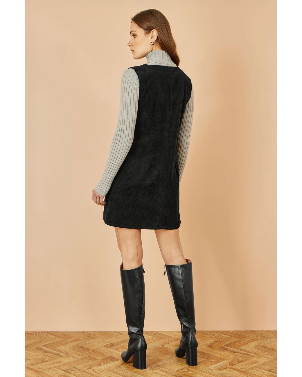 Yumi' Black Cord Button Through Pinafore Dress With Pockets
