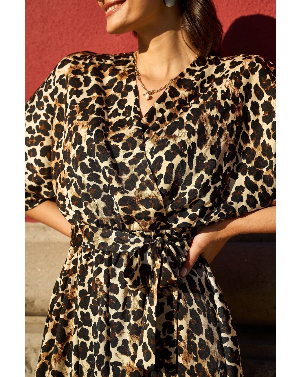 Yumi' Natural Leopard Midi Wrap Dress With Kimono Sleeves