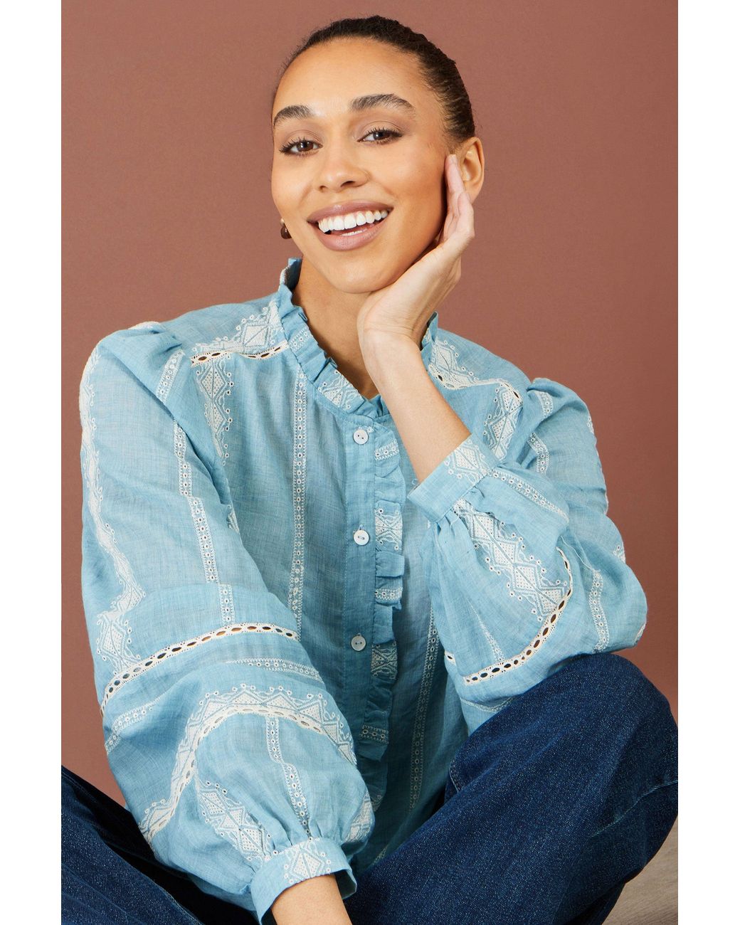 Yumi' Blue Cotton Embroidered Panel Shirt