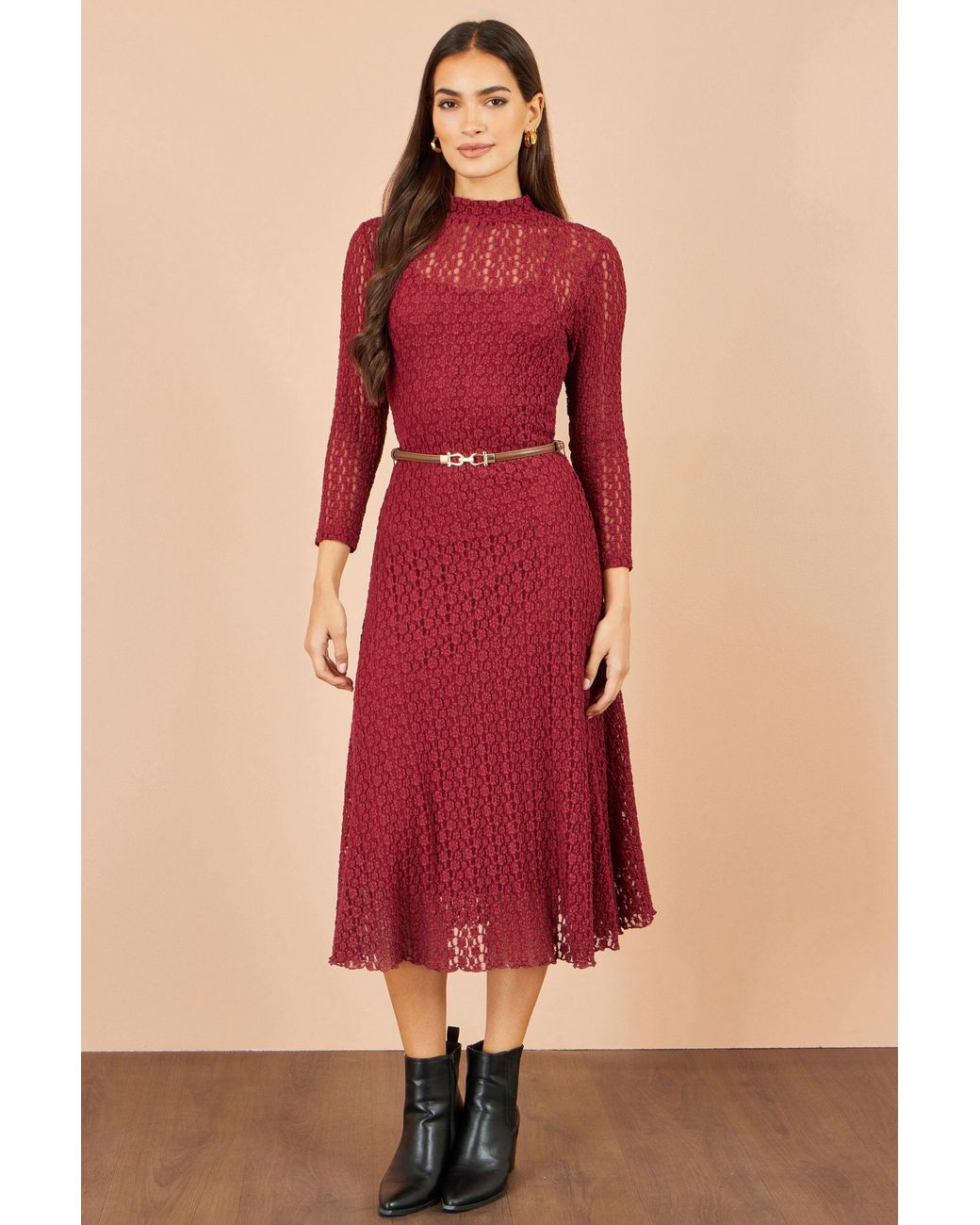 Yumi' Red High Neck Lace Midi Dress