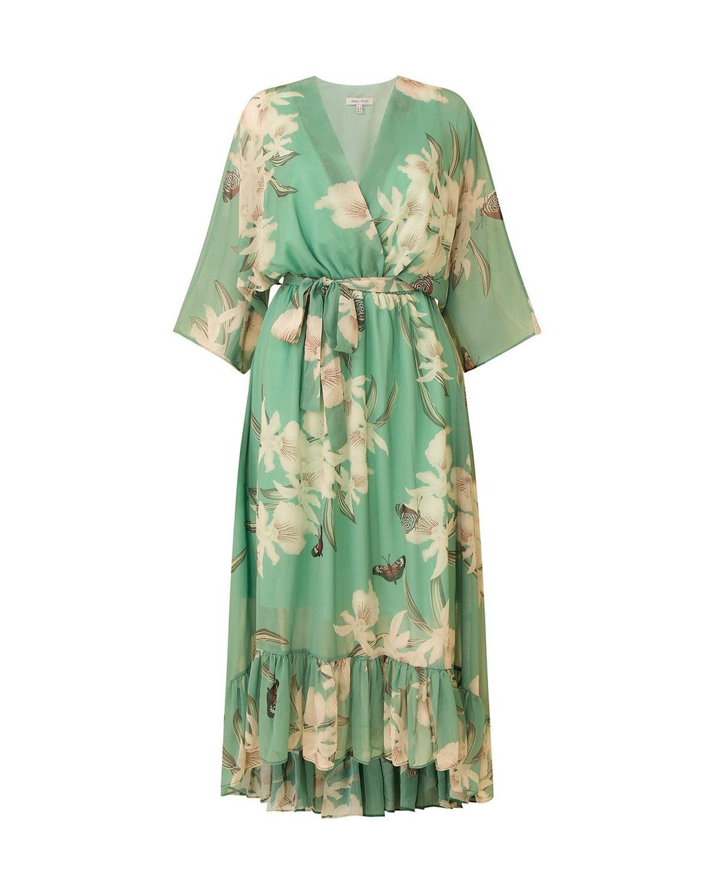 Yumi' Green Floral Kimono Sleeves Dip Hem Wrap Midi Dress