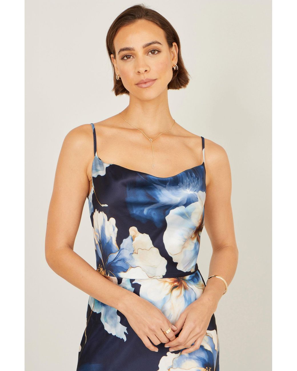 Yumi' Blue Cowl Neck Satin Floral Dress