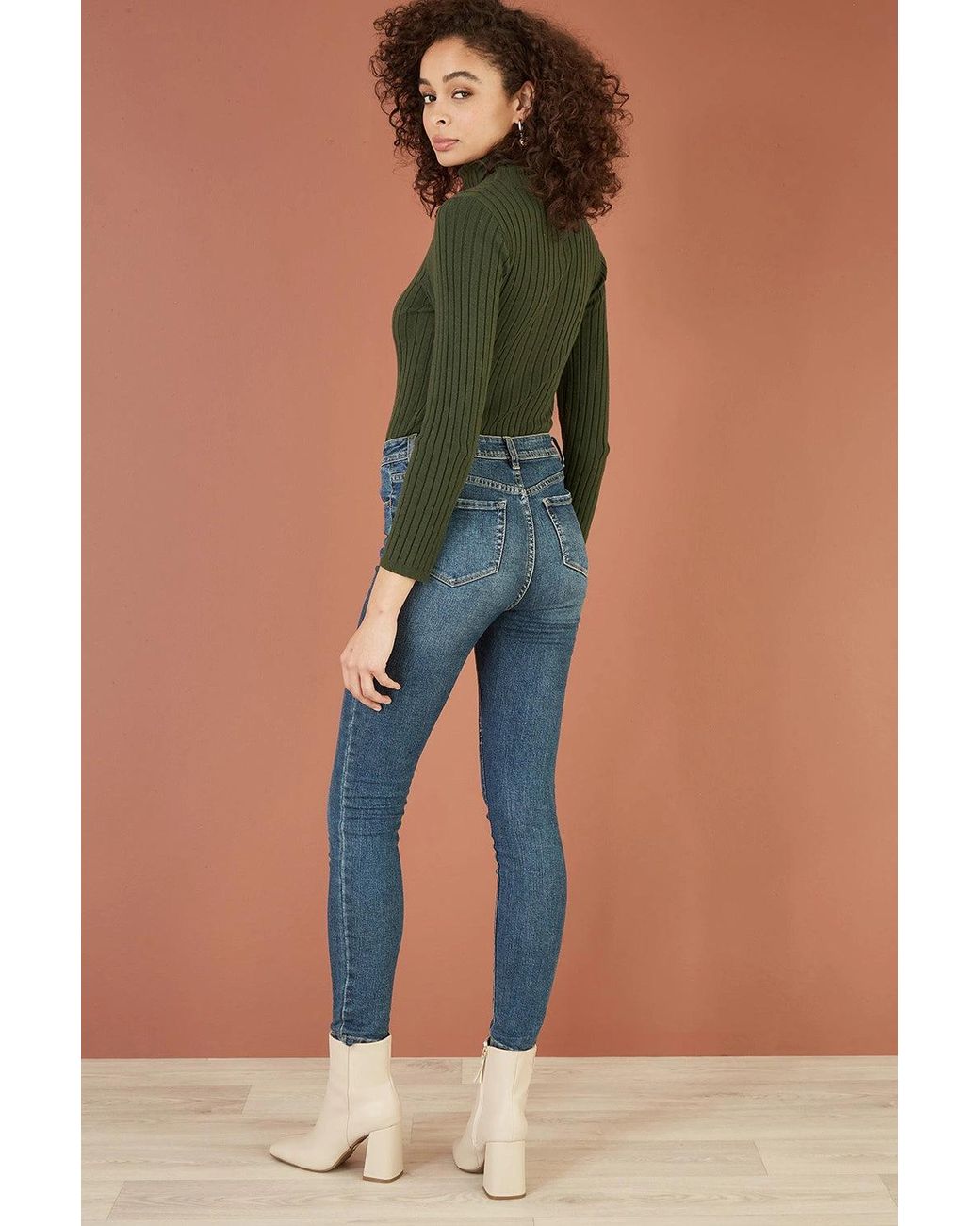 Yumi' Green Ribbed Knit Roll Neck Jumper