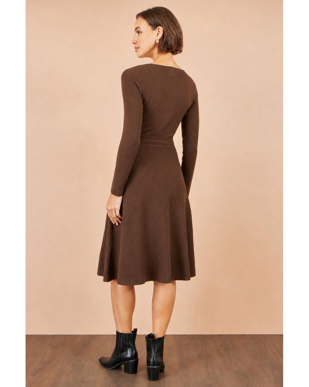 Yumi' Brown Knitted Skater Dress With Buckle Detail