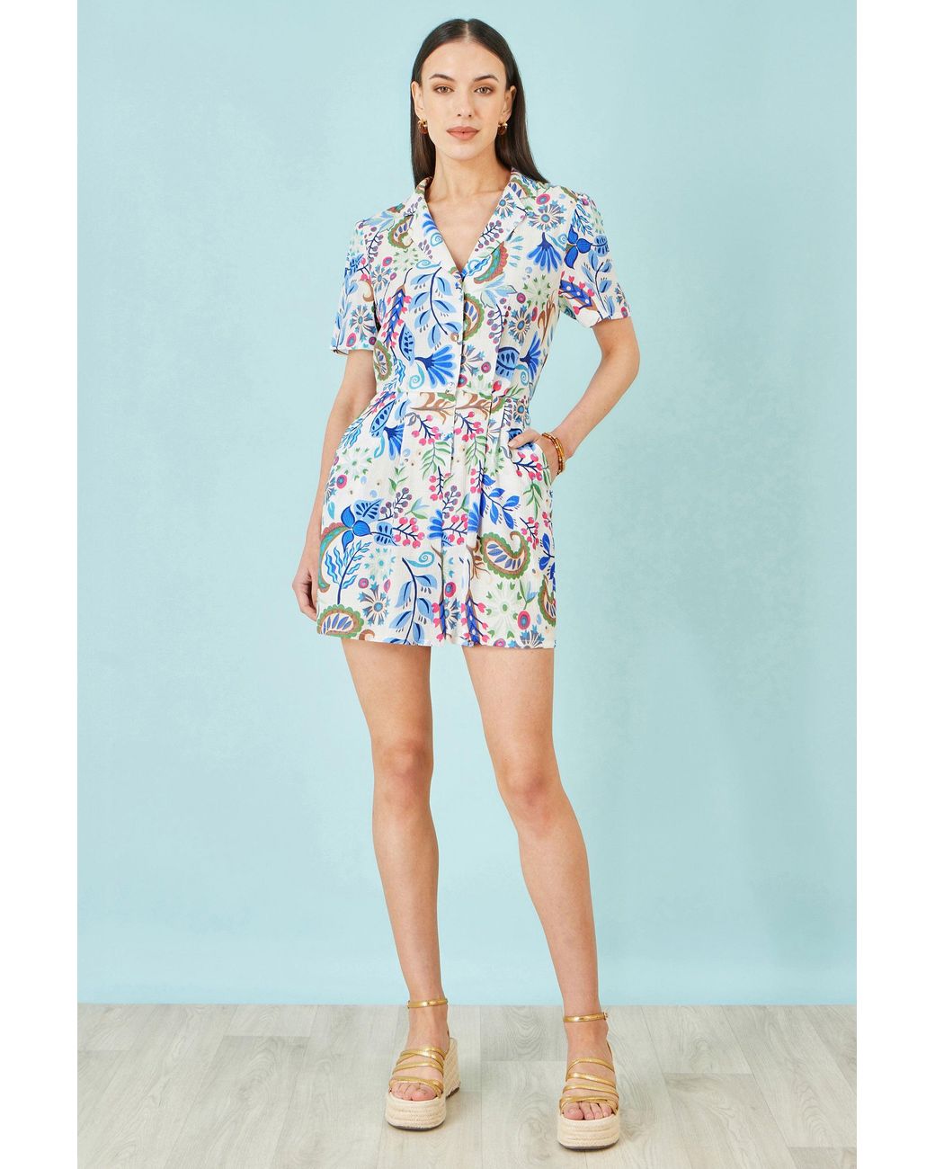 Yumi' Blue Multicolour Paisley Retro Print Playsuit
