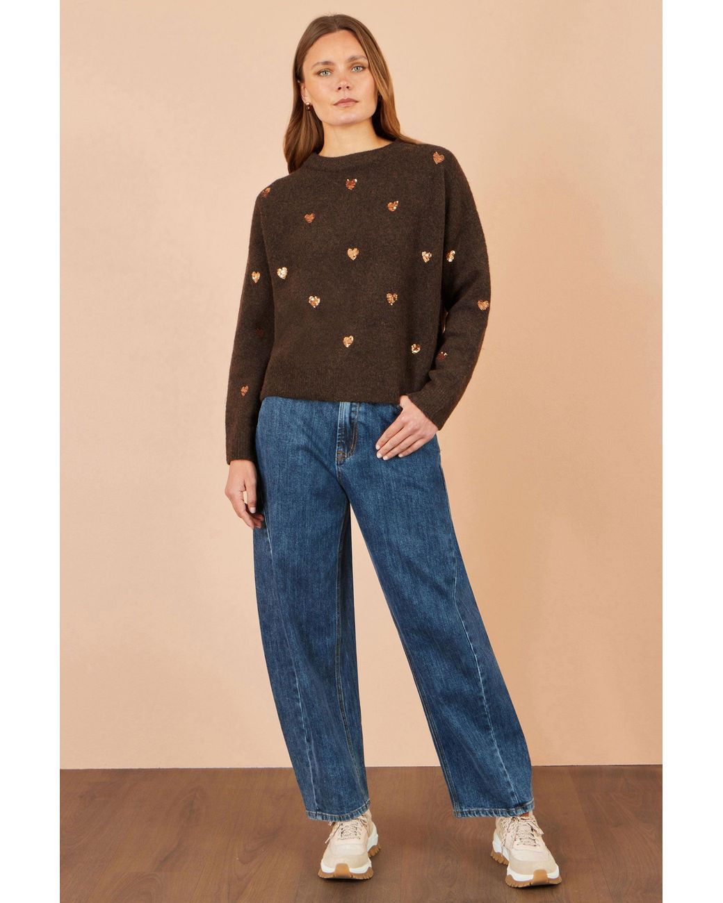 Yumi' Brown Sequin Heart Relaxed Jumper