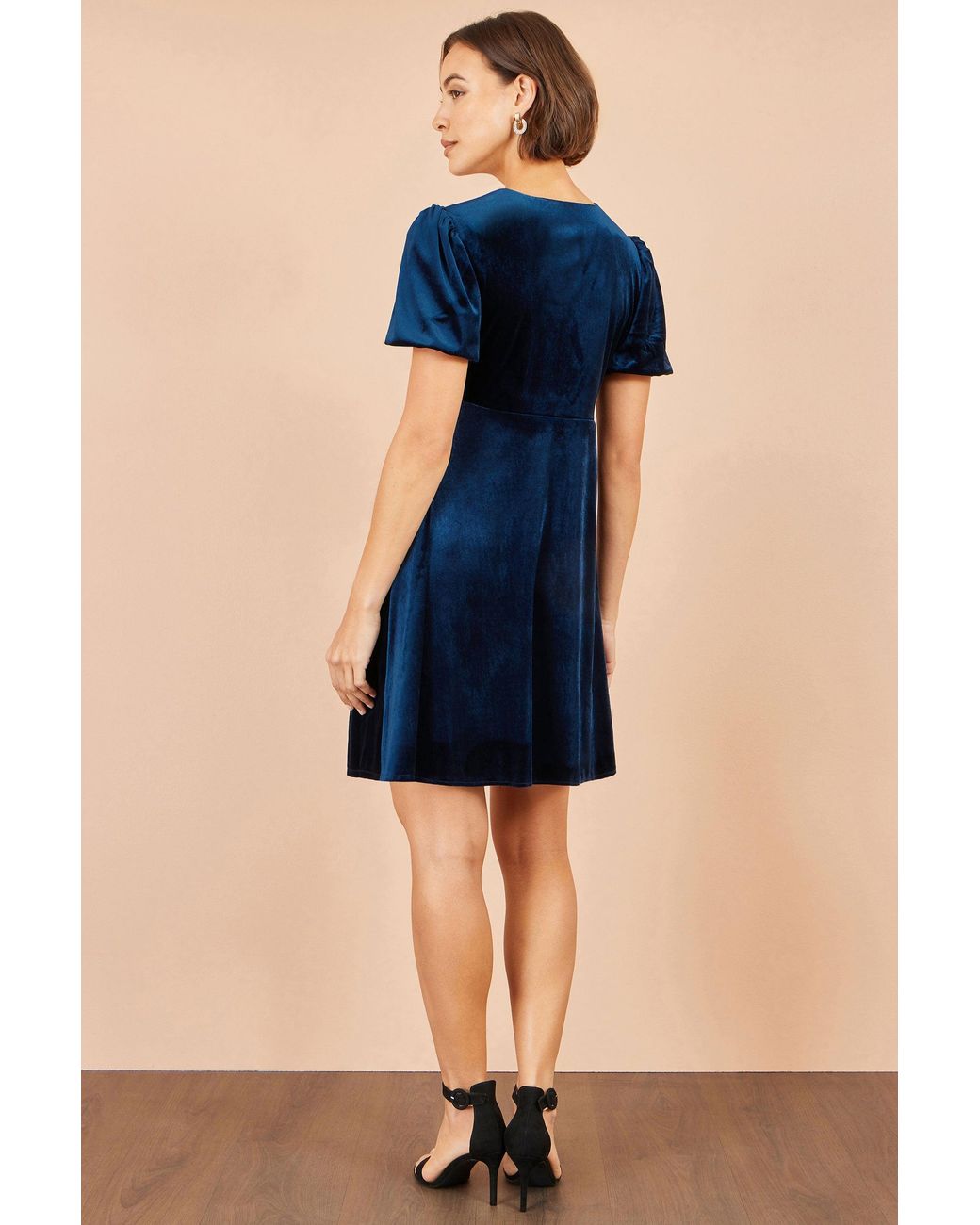 Yumi' Blue Velvet Skater Dress With Dimante Bow Detail