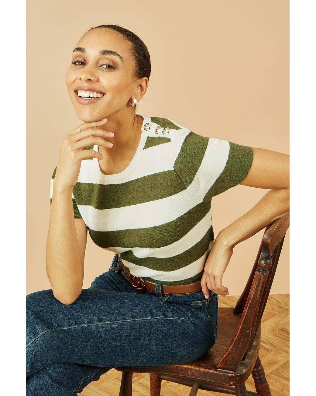 Yumi' Green Block Stripe Knitted Top With Button Details