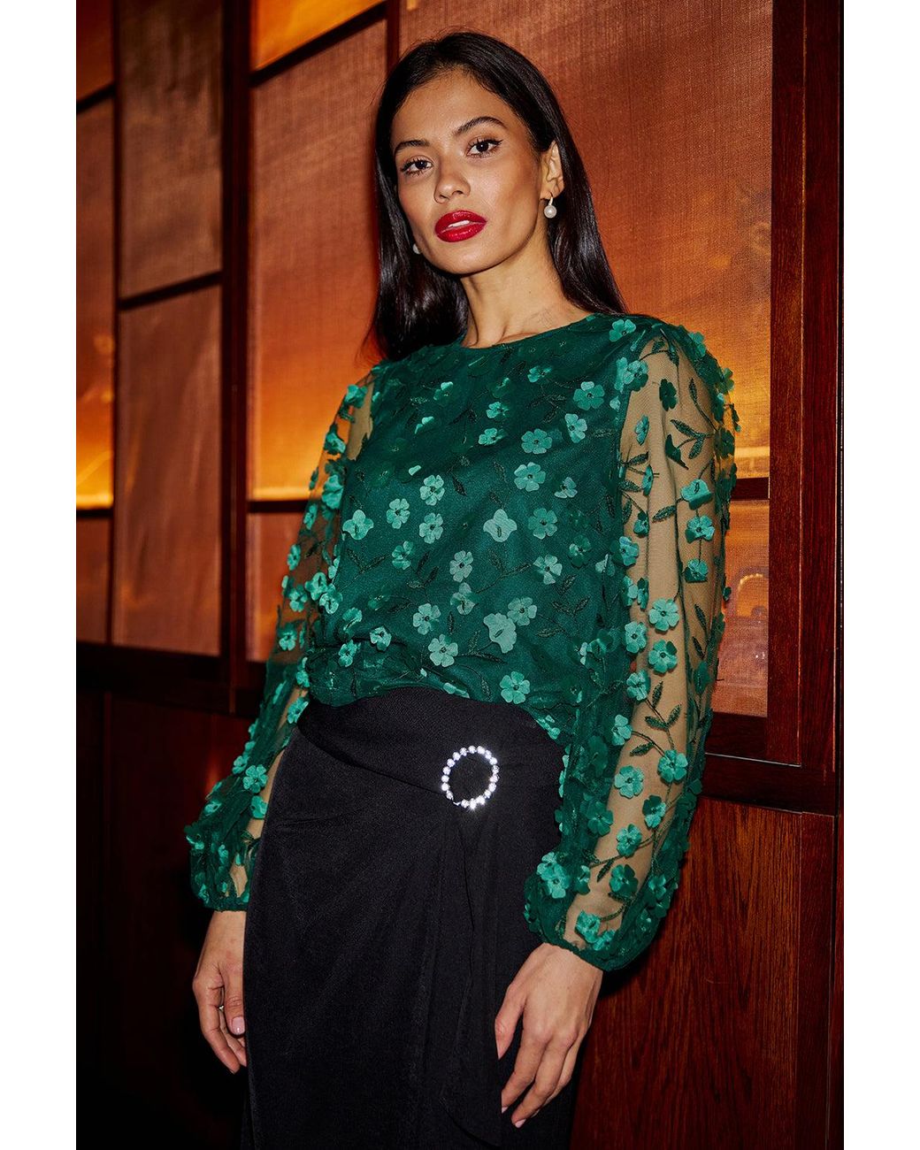 Yumi' Green Sheer Sleeve Applique Flower Top