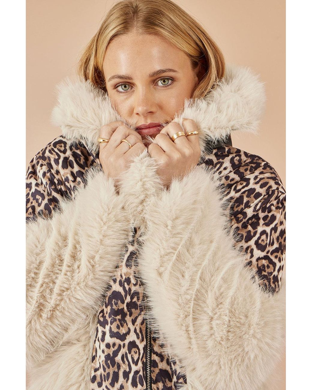 Yumi' Natural Cream Fur Biker Jacket With Leopard Print