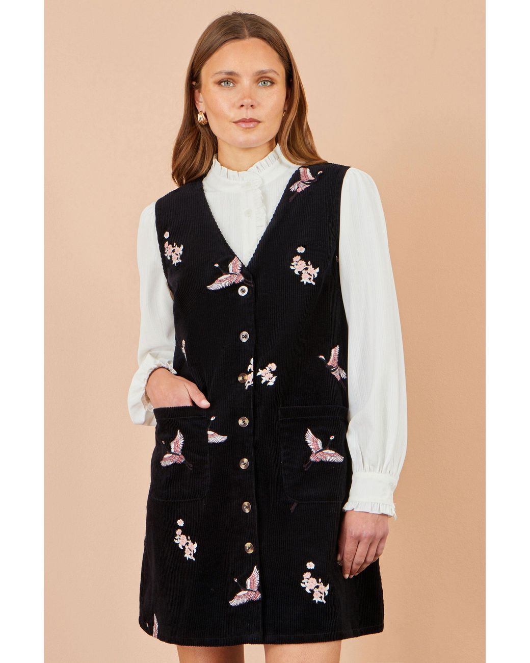 Yumi' Black Crane Embroidery Button Up Pinafore Dress