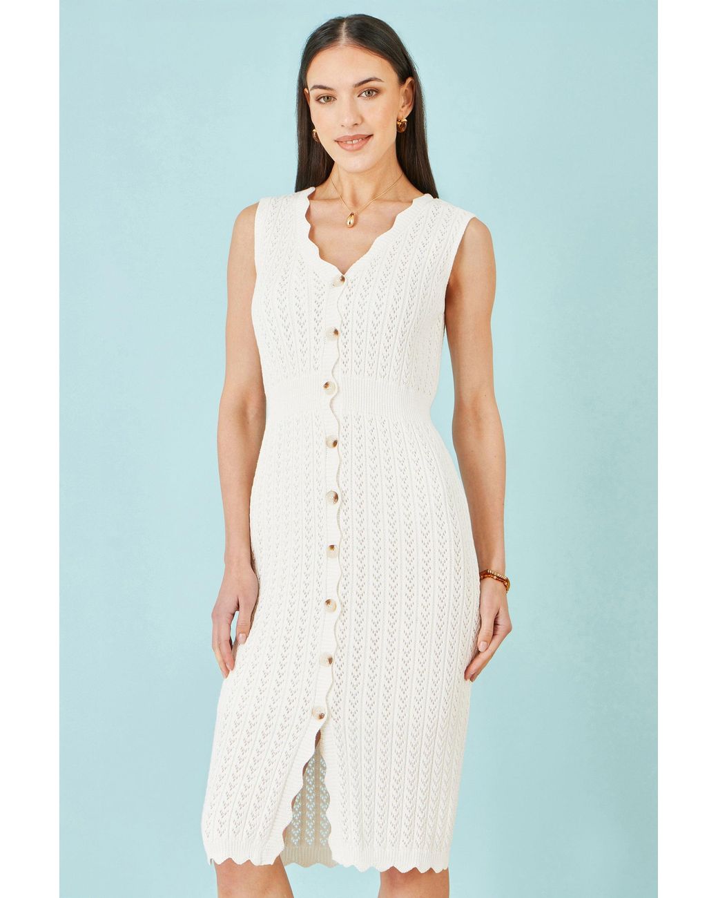 Yumi' Blue Cotton Scallop Crochet Knitted Dress