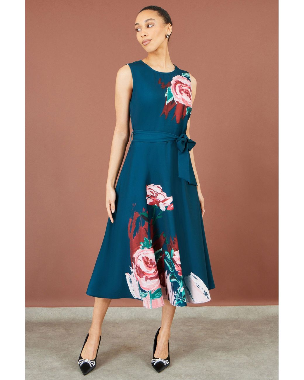 Yumi' Blue Abstract Floral Skater Midi Dress