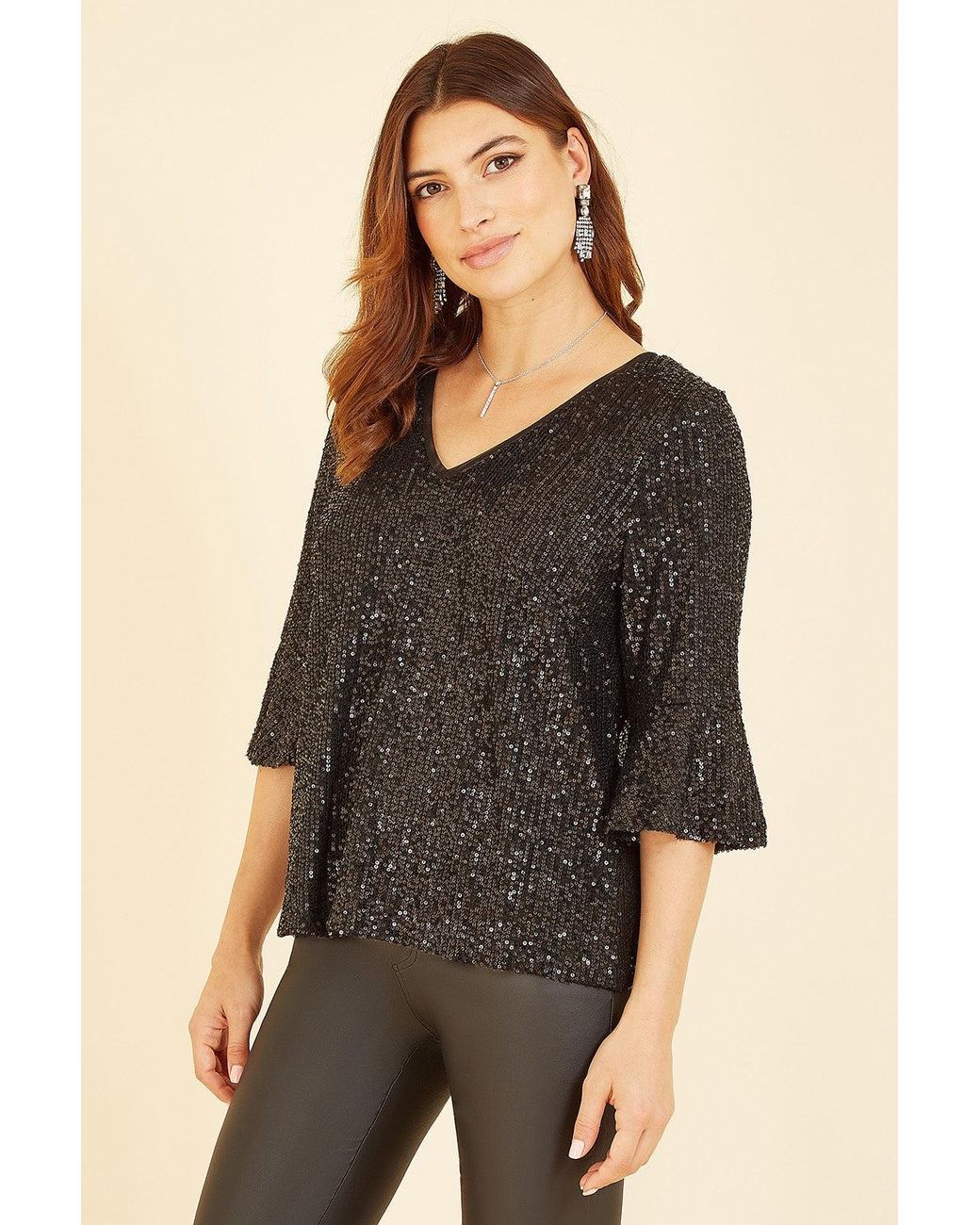 Yumi' Black Sequin Top With Fluted Sleeve