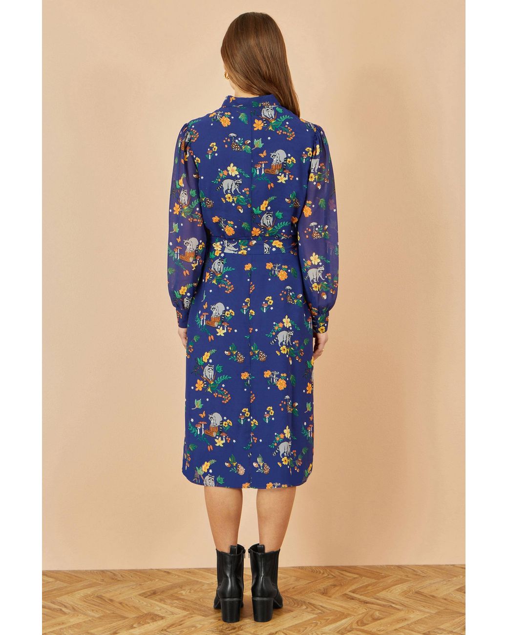 Yumi' Blue Recycled Raccoon Print Shirt Midi Dress