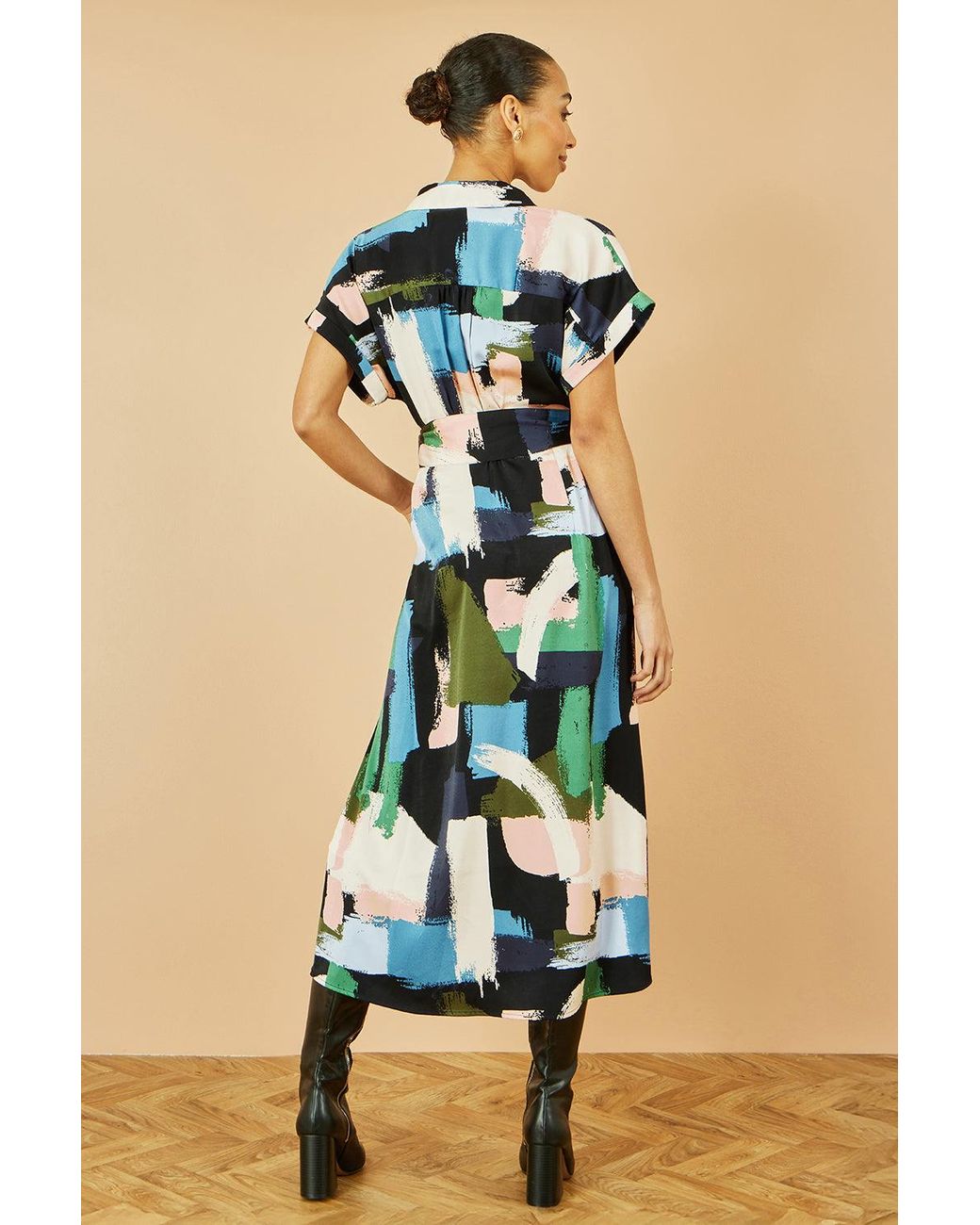 Yumi' Blue Brushstroke Print Relaxed Midi Shirt Dress