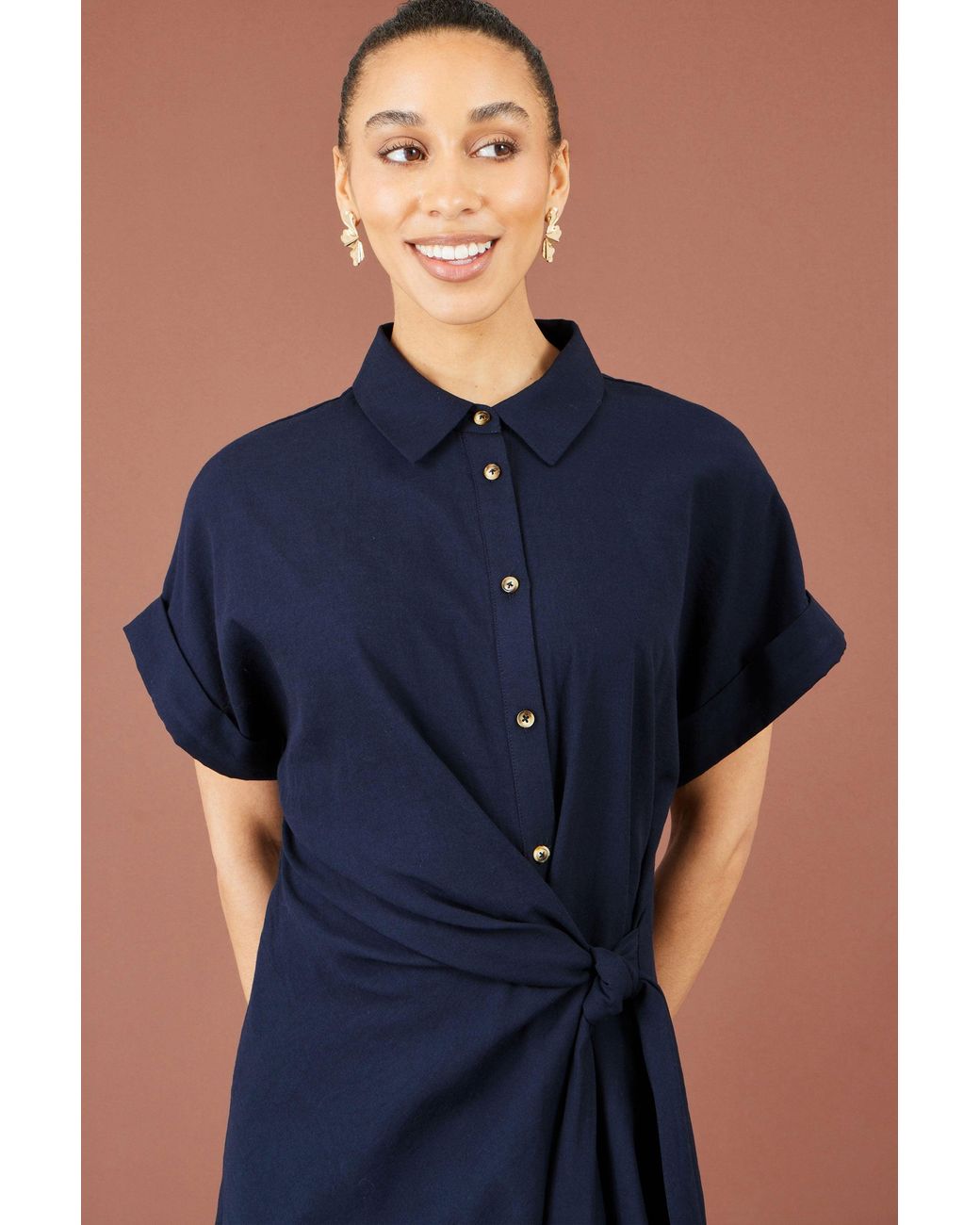 Yumi' Blue Wrap Tie Midi Shirt Dress