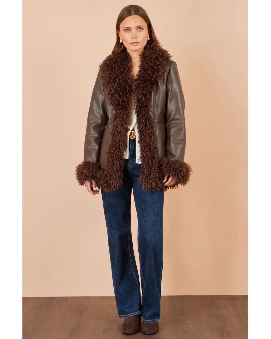 Yumi' Brown Faux Leather Coat With Faux Fur Trims