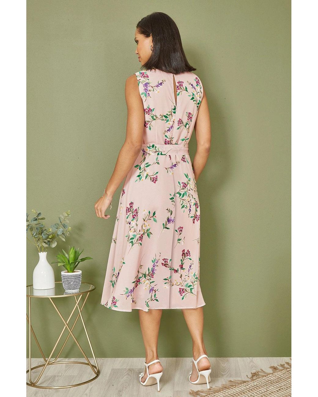 Yumi' Green Blush Floral Print Midi Skater Dress