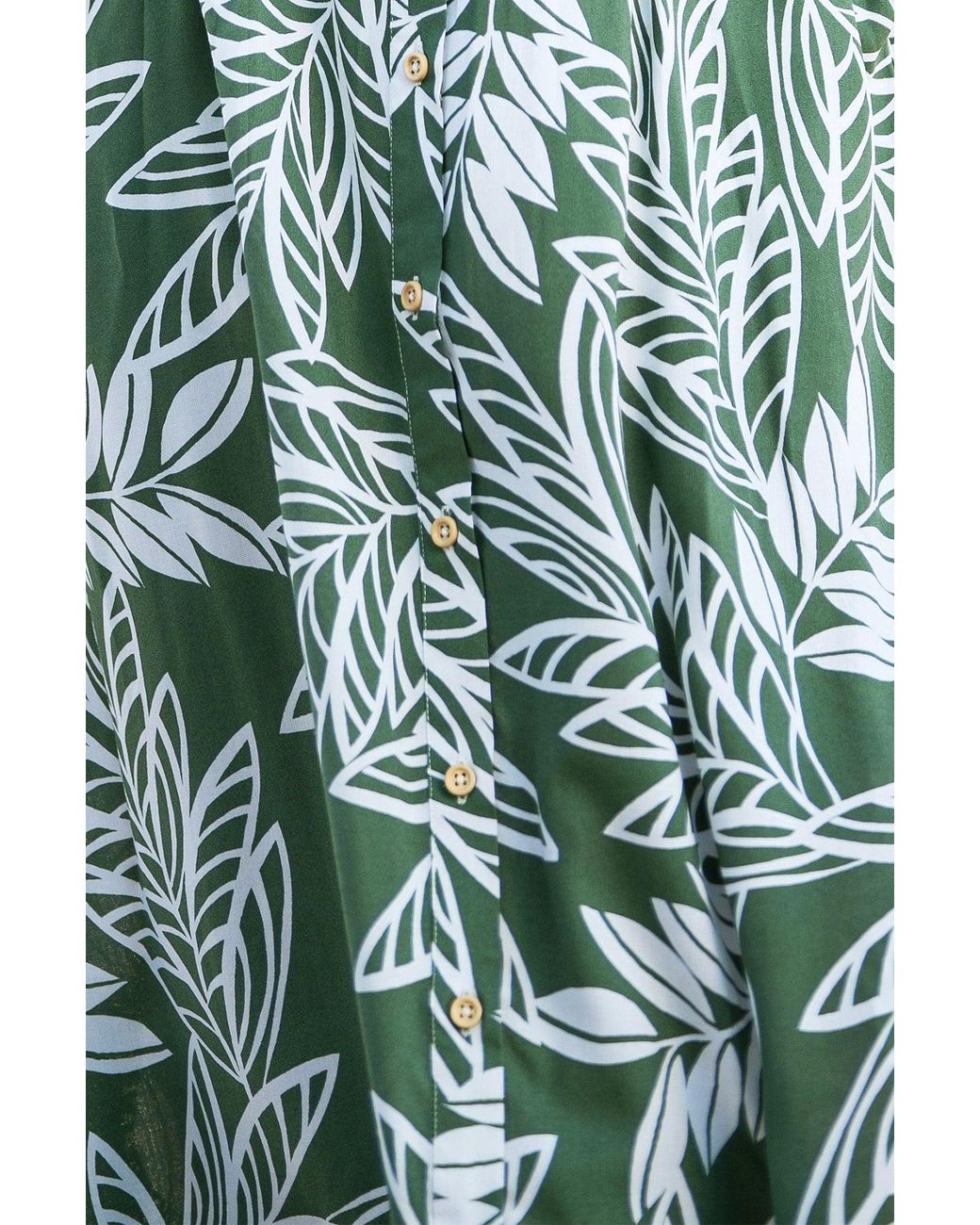 Yumi' Green Leaf Print Viscose Relaxed Midi Shirt Dress