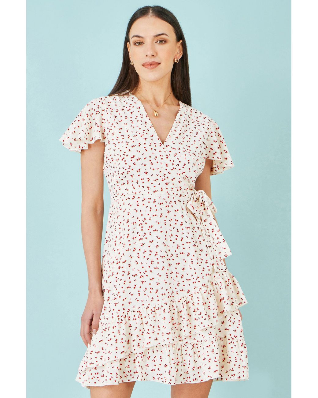 Yumi' White Ditsy Print Frill Wrap Dress