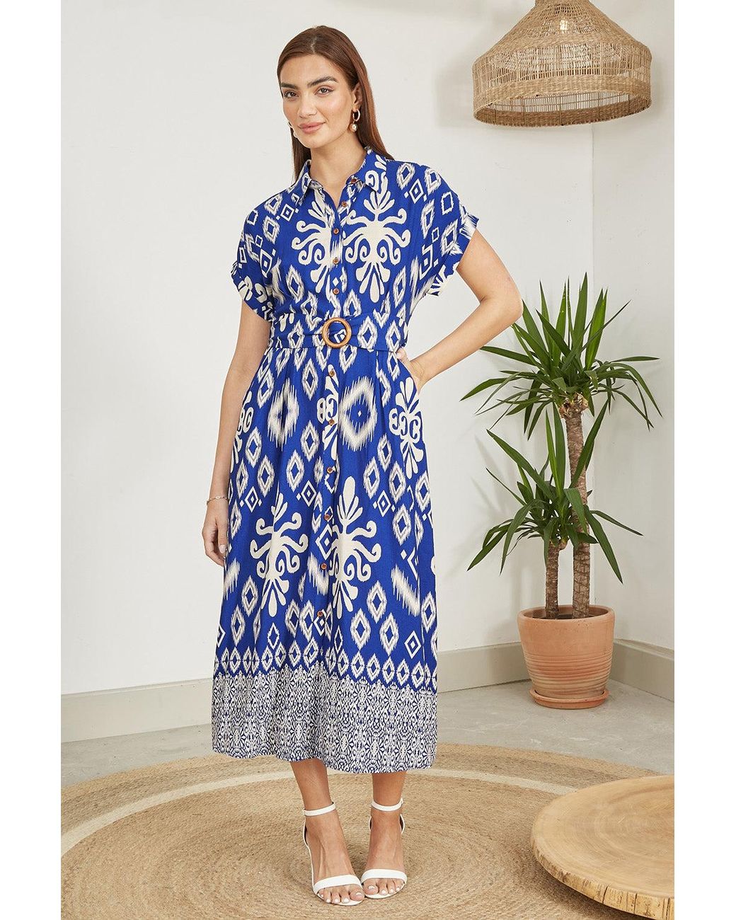 Yumi' Blue Abstract Geo Print Relaxed Midi Shirt Dress With Belt