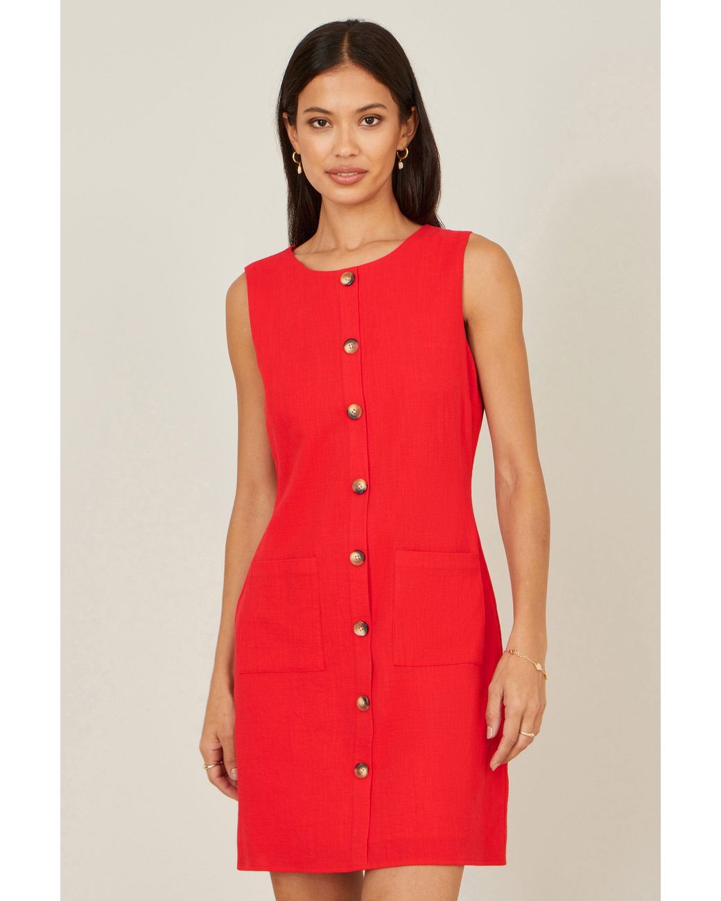 Yumi' Red Viscose Button Detail Shift Dress
