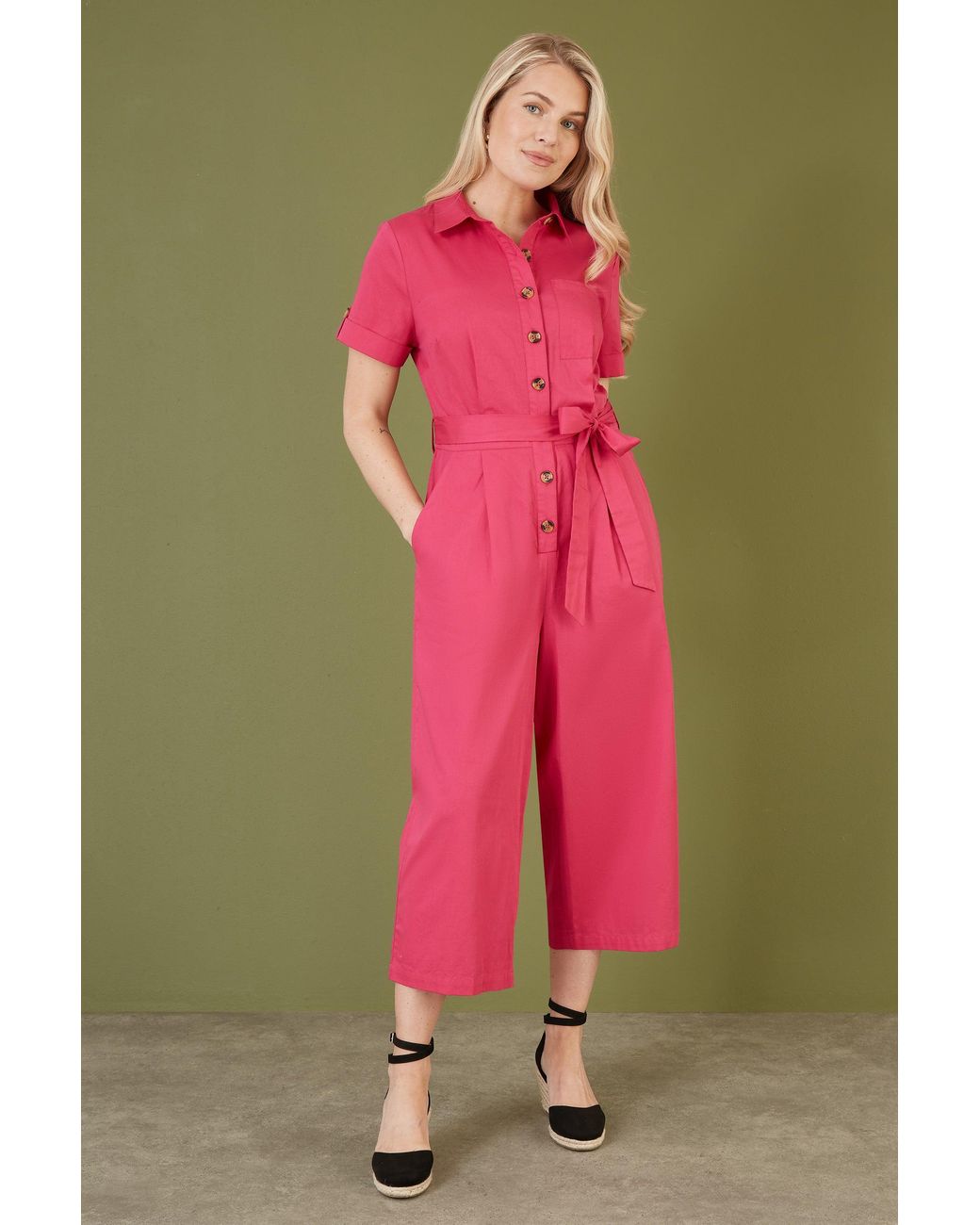 Yumi' Pink Viscose Twill Button Up Utility Style Jumpsuit
