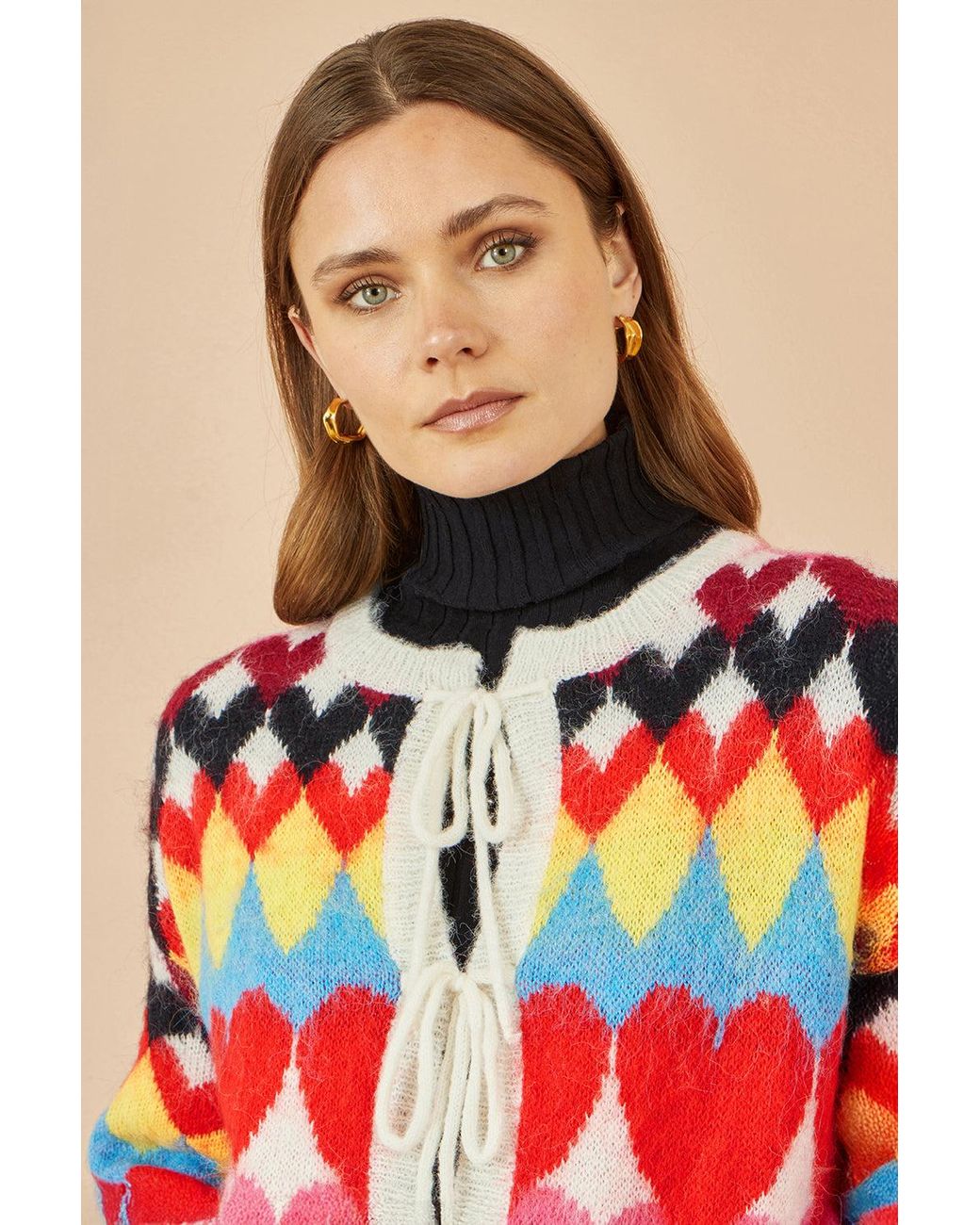 Yumi' Red Multicolour Tie Front Heart Intarsia Cardigan