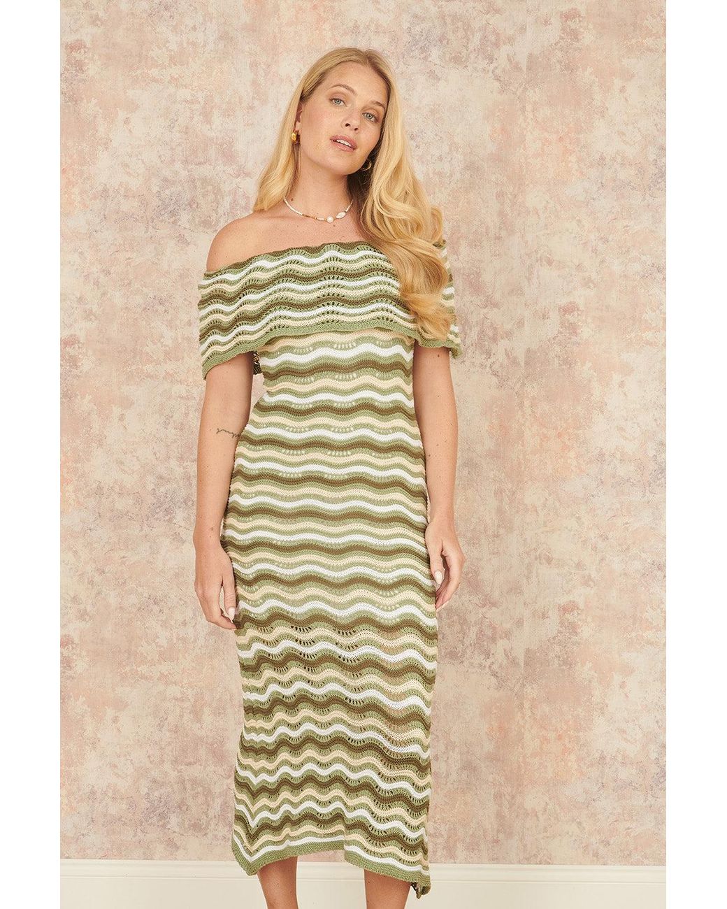 Yumi' Natural Stripe Crochet Knit Bardot Midi Dress
