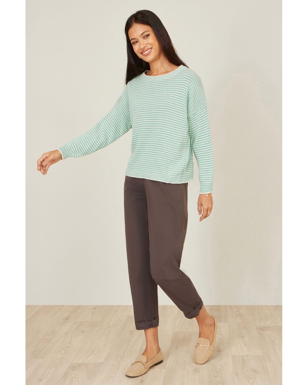 Yumi' Green Knitted Stripe Relaxed Jumper