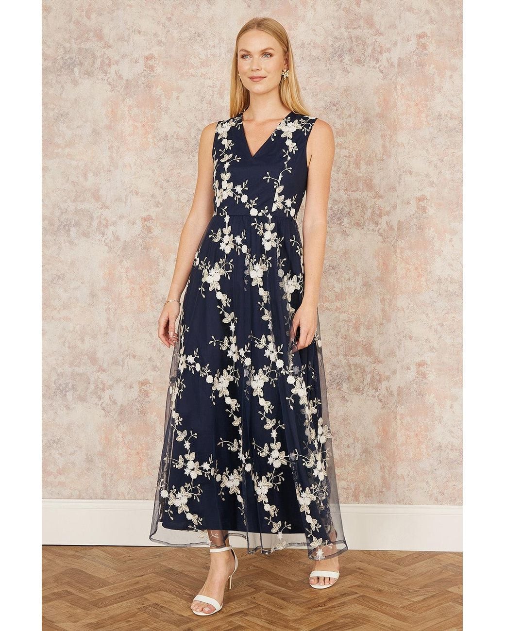 Yumi' Blue Mesh Embroidered Maxi Dress