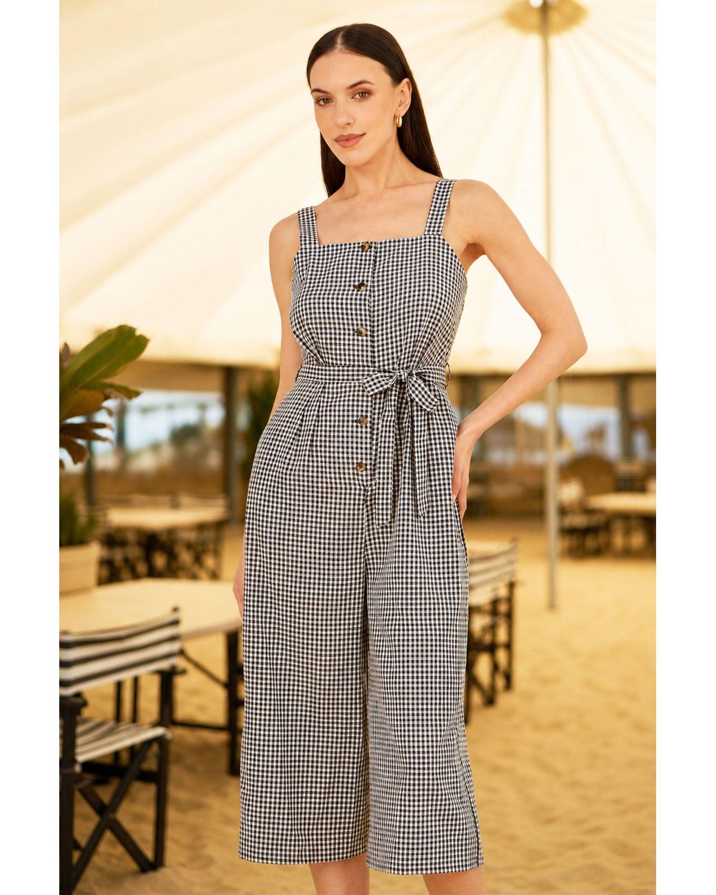 Yumi' Gray Gingham Button Through Jumpsuit