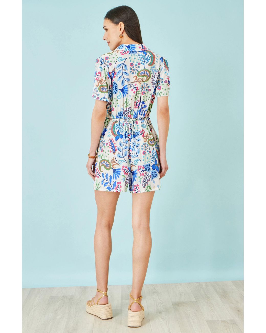 Yumi' Blue Multicolour Paisley Retro Print Playsuit