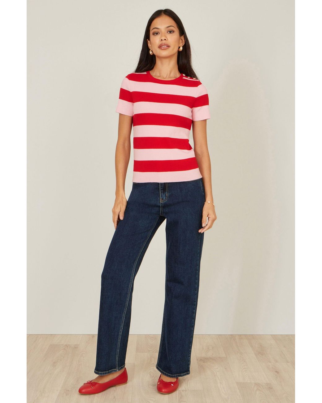 Yumi' Red Block Stripe Knitted Top With Button Details