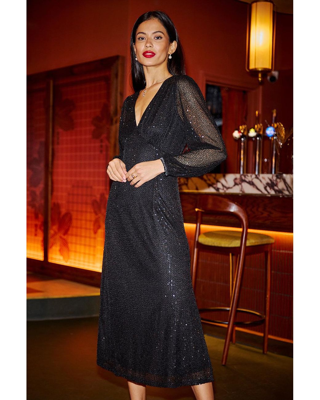 Yumi' Red Sequin Long Sleeve Midi Dress